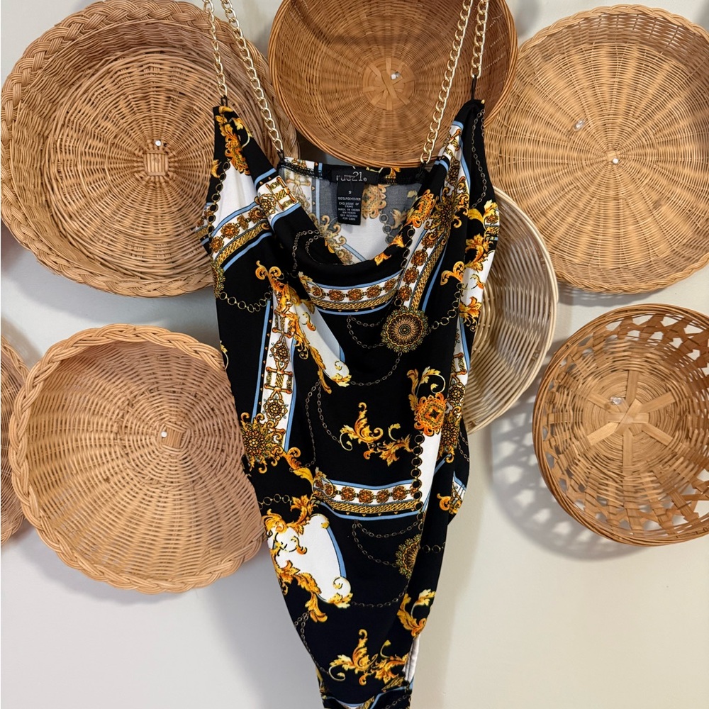 Black & Gold Baroque Print Cowl Neck Jumpsuit